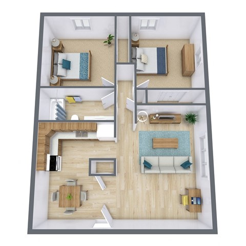 a 3d drawing of the layout of a bedroom with a living room